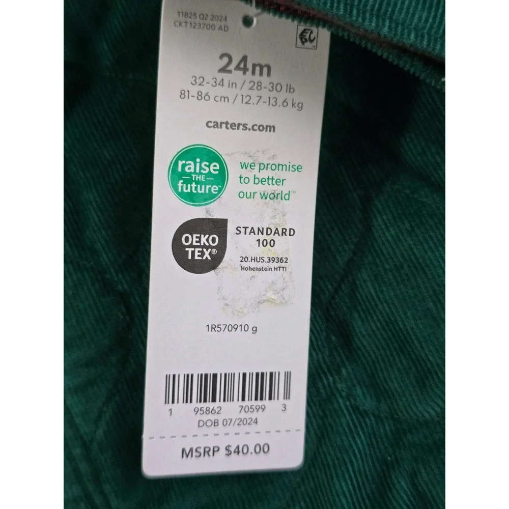 Carters Toddler Boys Green Quilted Corduroy Shirt Jacket Shacket 24M New